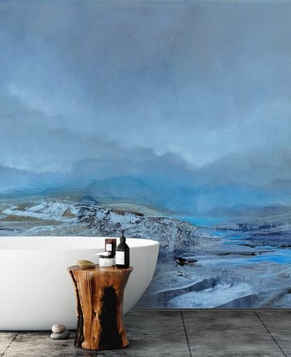 mural de paisaje abstracto personalizado azul llamado Silent de Annette Schmucker para dormitorios y baños
