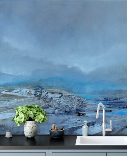blue custom abstract landscape mural called Silent by Annette Schmucker for bedrooms and bathrooms