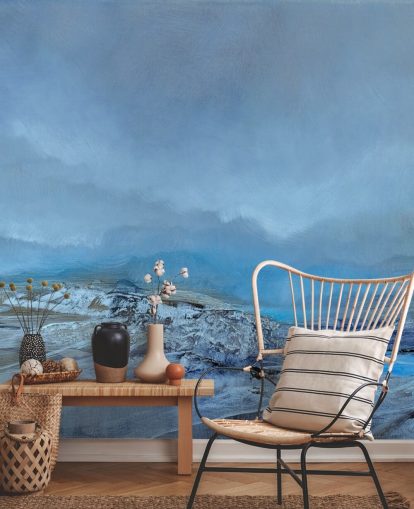 mural de paisagem abstrata personalizado azul chamado Silent, de Annette Schmucker, para quartos e banheiros