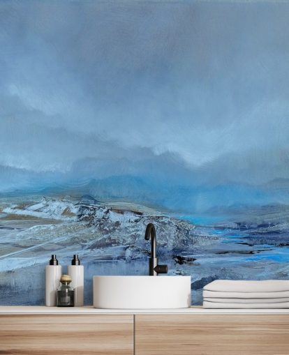 blue custom abstract landscape mural called Silent by Annette Schmucker for bedrooms and bathrooms