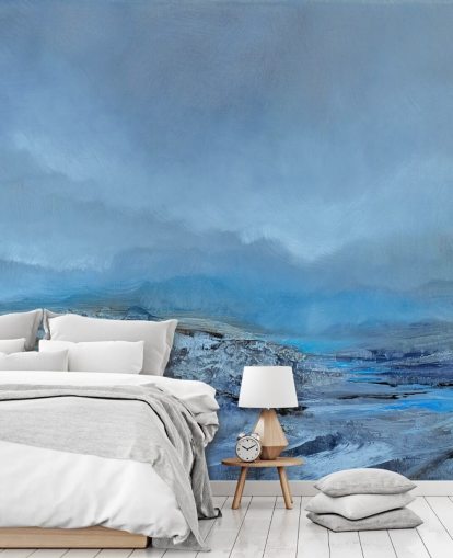 blue custom abstract landscape mural called Silent by Annette Schmucker for bedrooms and bathrooms blue custom abstract landscape mural called Silent by Annette Schmucker for bedrooms and bathrooms