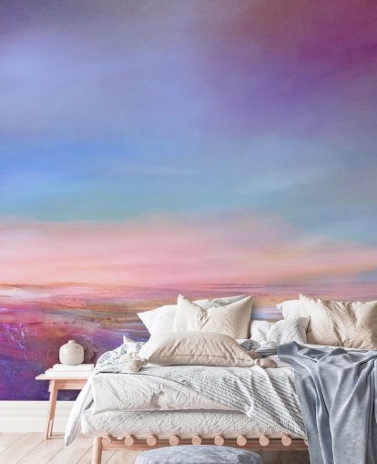 murale con paesaggio astratto personalizzabile viola e rosa chiamato I colori di una sera di maggio di Annette Schmucker