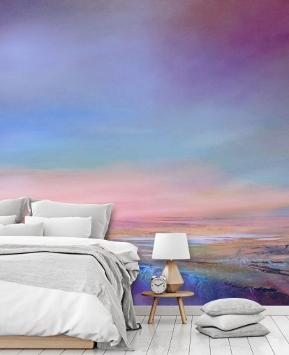 Personalisierbares abstraktes Landschaftsgemälde in Violett und Rosa mit dem Titel Die Farben eines Abends im Mai von Annette Schmucker Personalisierbares abstraktes Landschaftsgemälde in Violett und Rosa mit dem Titel Die Farben eines Abends im Mai von Annette Schmucker