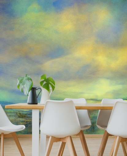 lila och grön abstrakt himmelväggmålning som heter Dreaming Skies av Annette Schmucker