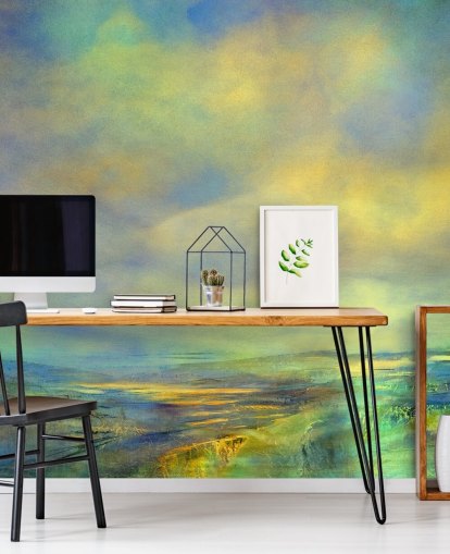 paarse en groene abstracte hemelmuurschildering genaamd Dreaming Skies van Annette Schmucker