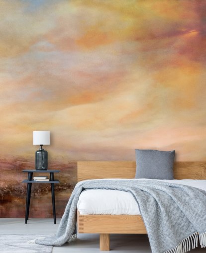mural de paisagem abstrata amarelo e rosa chamado Whispers of Sunset, de Annette Schmucker mural de paisagem abstrata amarelo e rosa chamado Whispers of Sunset, de Annette Schmucker