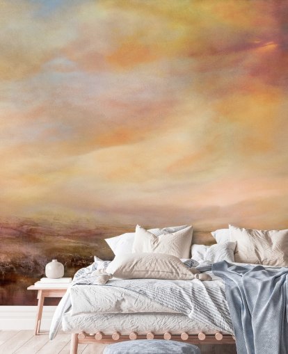 gult og rosa abstrakt landskapsmaleri kalt Whispers of Sunset av Annette Schmucker gult og rosa abstrakt landskapsmaleri kalt Whispers of Sunset av Annette Schmucker