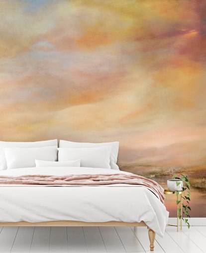 gult og rosa abstrakt landskapsmaleri kalt Whispers of Sunset av Annette Schmucker gult og rosa abstrakt landskapsmaleri kalt Whispers of Sunset av Annette Schmucker