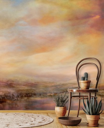 gelbes und rosafarbenes abstraktes Landschaftsgemälde namens Whispers of Sunset von Annette Schmucker