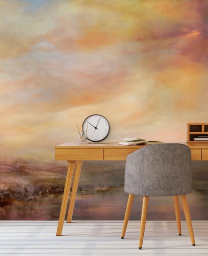 mural de paisaje abstracto amarillo y rosa llamado Whispers of Sunset de Annette Schmucker mural de paisaje abstracto amarillo y rosa llamado Whispers of Sunset de Annette Schmucker