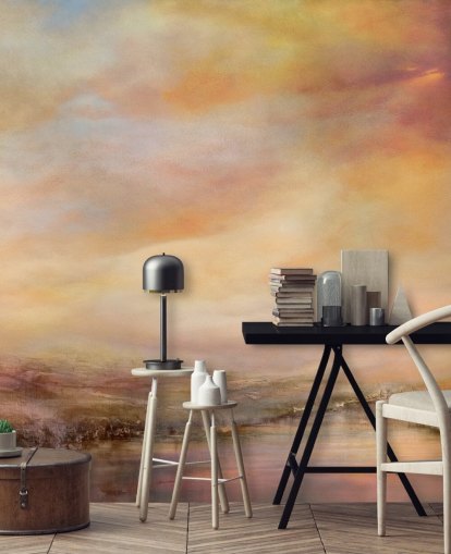 gul och rosa abstrakt landskapsmålning kallad Whispers of Sunset av Annette Schmucker gul och rosa abstrakt landskapsmålning kallad Whispers of Sunset av Annette Schmucker