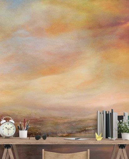 murale con paesaggio astratto giallo e rosa chiamato Whispers of Sunset di Annette Schmucker