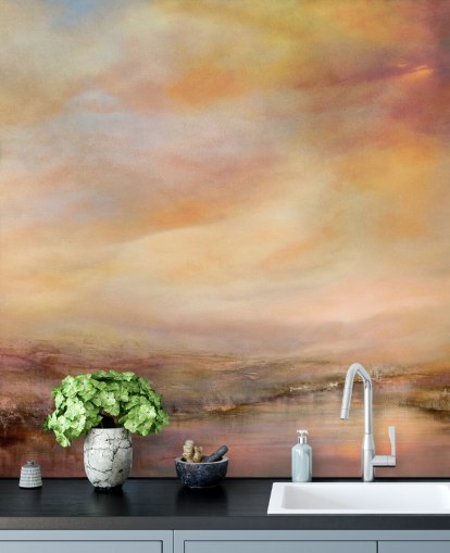 yellow and pink abstract landscape mural called Whispers of Sunset by Annette Schmucker yellow and pink abstract landscape mural called Whispers of Sunset by Annette Schmucker