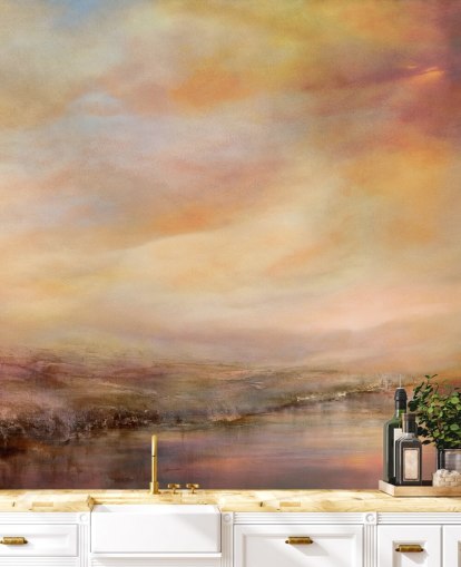 yellow and pink abstract landscape mural called Whispers of Sunset by Annette Schmucker
