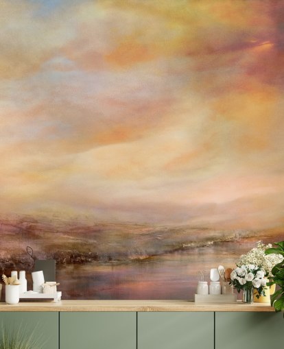 murale con paesaggio astratto giallo e rosa chiamato Whispers of Sunset di Annette Schmucker murale con paesaggio astratto giallo e rosa chiamato Whispers of Sunset di Annette Schmucker