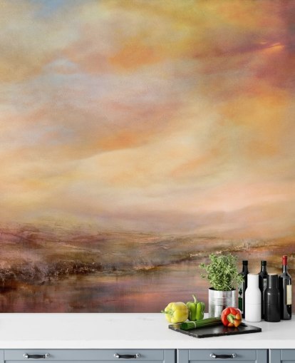 yellow and pink abstract landscape mural called Whispers of Sunset by Annette Schmucker