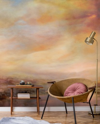 gult og rosa abstrakt landskapsmaleri kalt Whispers of Sunset av Annette Schmucker gult og rosa abstrakt landskapsmaleri kalt Whispers of Sunset av Annette Schmucker