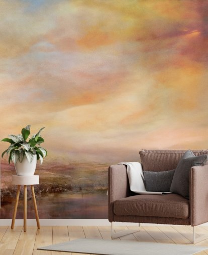 gult og rosa abstrakt landskapsmaleri kalt Whispers of Sunset av Annette Schmucker