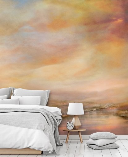 mural de paisaje abstracto amarillo y rosa llamado Whispers of Sunset de Annette Schmucker