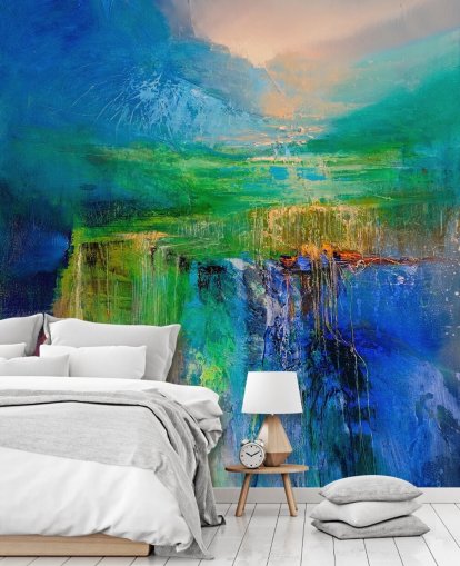tilpassbart farverigt abstrakt vægmaleri kaldet To New Heights fra kunstneren Annette Schmucker tilpassbart farverigt abstrakt vægmaleri kaldet To New Heights fra kunstneren Annette Schmucker