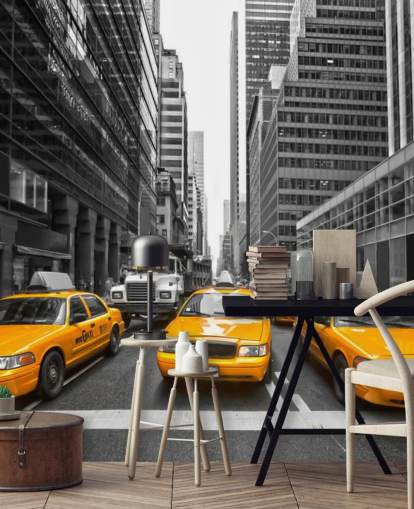 taxis amarillos entre papel pintado monocromo de nueva york