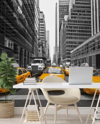 yellow taxis amongst monochrome new york wallpaper