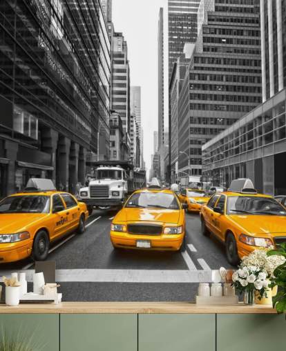 gule taxier blandt monokrom new york tapet