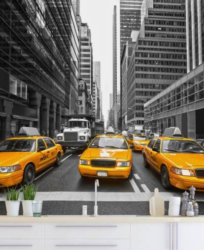 yellow taxis amongst monochrome new york wallpaper