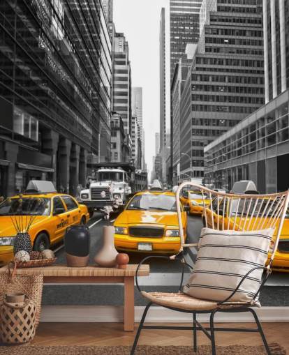 taxis amarillos entre papel pintado monocromo de nueva york