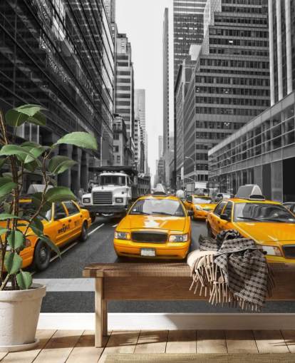 yellow taxis amongst monochrome new york wallpaper