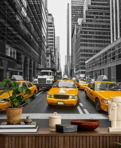 keltainen taksit joukossa yksivärinen new york tapetti
