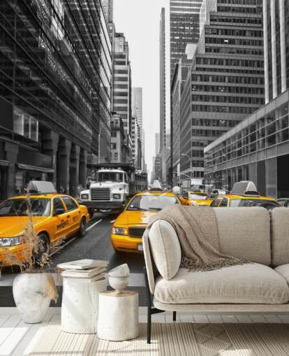 keltainen taksit joukossa yksivärinen new york tapetti