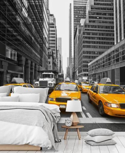 táxis amarelos entre papel de parede monocromático de Nova York táxis amarelos entre papel de parede monocromático de Nova York