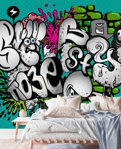 Decorazione murale con scritte graffiti blu