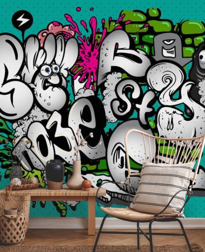 Decorazione murale con scritte graffiti blu Decorazione murale con scritte graffiti blu