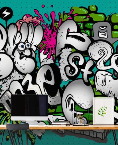 Blauwe graffiti muurschildering