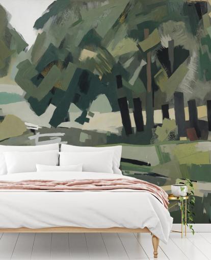 customisable green abstract forest mural called Velvet Forest from Sir Edward for bedrooms and living rooms