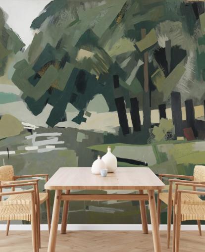 mural florestal abstrato verde personalizável chamado Velvet Forest de Sir Edward para quartos e salas de estar