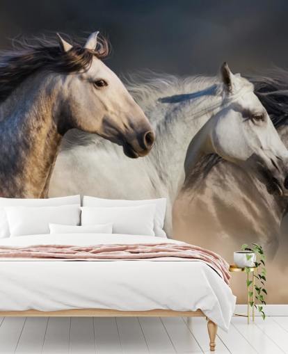 Cavalos cinza, branco e preto correndo papel de parede