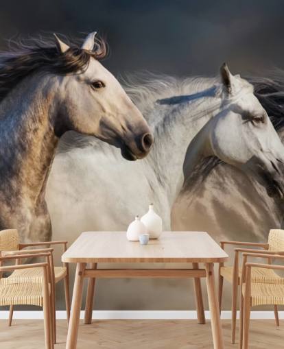 Cavalos cinza, branco e preto correndo papel de parede