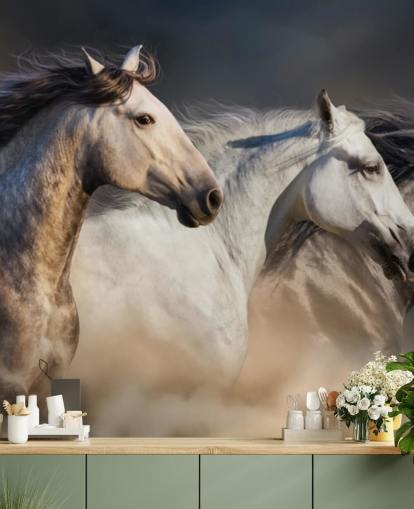 Papel pintado Caballos grises, blancos y negros corriendo