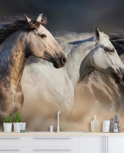 Cavalos cinza, branco e preto correndo papel de parede