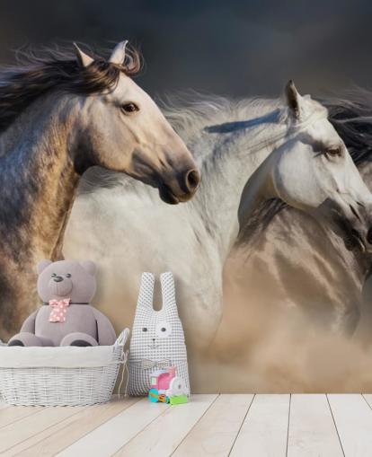 Papel pintado Caballos grises, blancos y negros corriendo