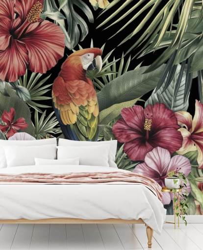 colorido mural de la jungla tropical de la era pasada llamado Tropical Dreams de Andrea Haase colorido mural de la jungla tropical de la era pasada llamado Tropical Dreams de Andrea Haase