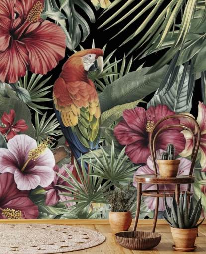 fargerikt tropisk jungelveggmaleri fra svunnen tid kalt Tropical Dreams av Andrea Haase fargerikt tropisk jungelveggmaleri fra svunnen tid kalt Tropical Dreams av Andrea Haase