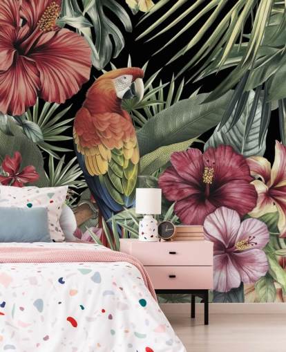 fargerikt tropisk jungelveggmaleri fra svunnen tid kalt Tropical Dreams av Andrea Haase fargerikt tropisk jungelveggmaleri fra svunnen tid kalt Tropical Dreams av Andrea Haase