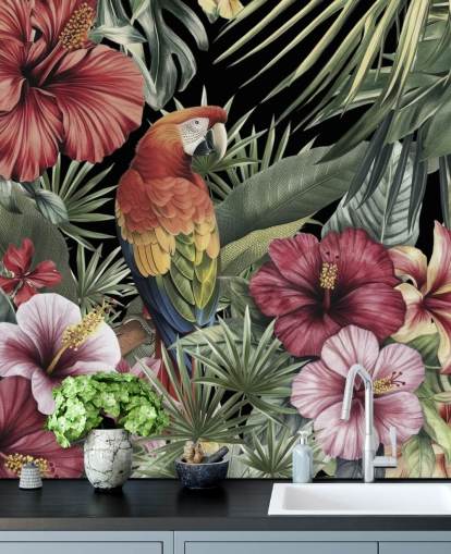 farbenfrohes tropisches Dschungel-Wandbild aus vergangener Zeit namens Tropical Dreams von Andrea Haase farbenfrohes tropisches Dschungel-Wandbild aus vergangener Zeit namens Tropical Dreams von Andrea Haase
