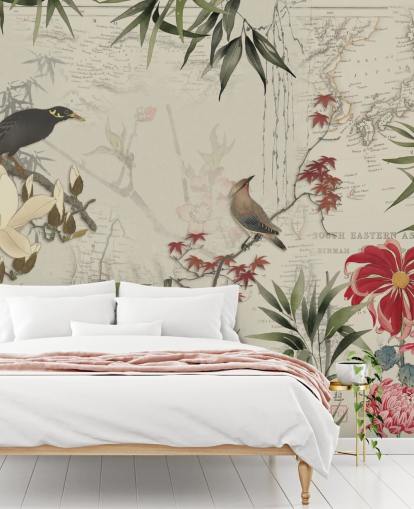 mural personalizado de mapas de chinoiserie de Andrea Haase llamado Chinoiserie Birds and Map mural personalizado de mapas de chinoiserie de Andrea Haase llamado Chinoiserie Birds and Map