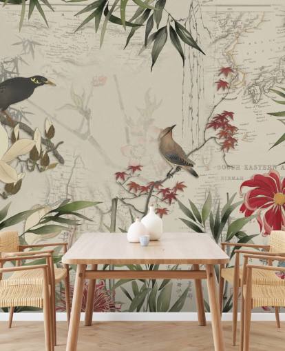 mural de mapa de chinoiserie personalizado de Andrea Haase chamado Chinoiserie Birds and Map mural de mapa de chinoiserie personalizado de Andrea Haase chamado Chinoiserie Birds and Map