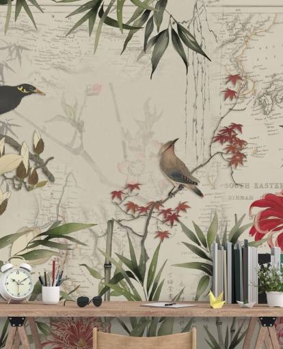 mural personalizado de mapas de chinoiserie de Andrea Haase llamado Chinoiserie Birds and Map mural personalizado de mapas de chinoiserie de Andrea Haase llamado Chinoiserie Birds and Map
